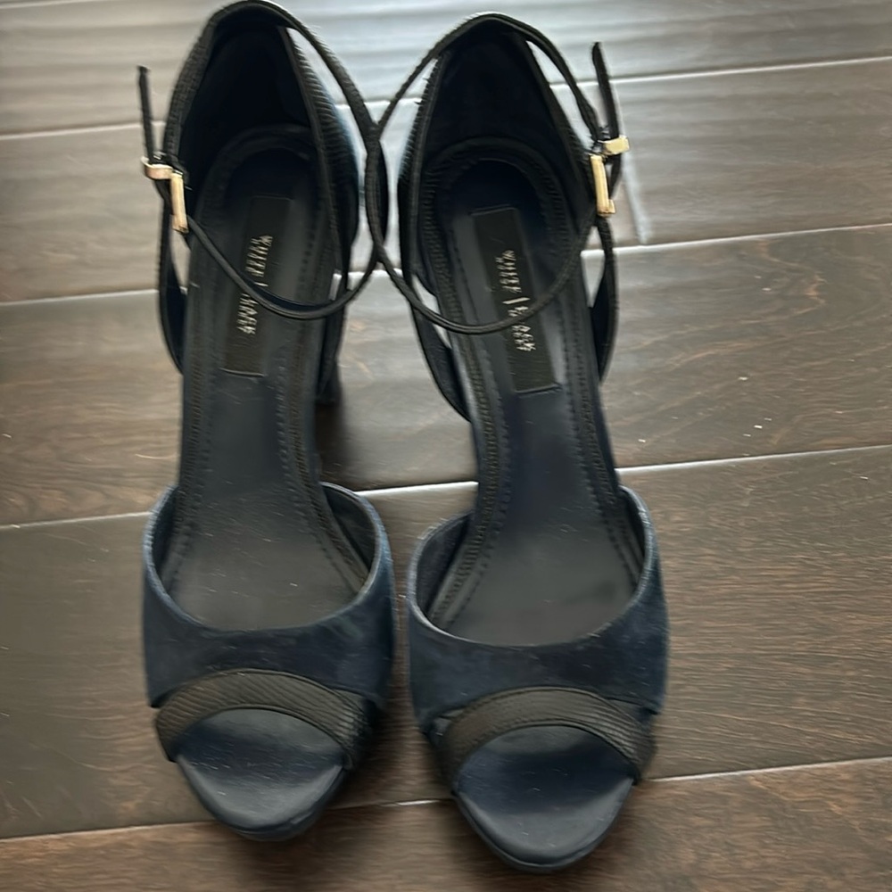 White House Black Market navy suede heels; size 8